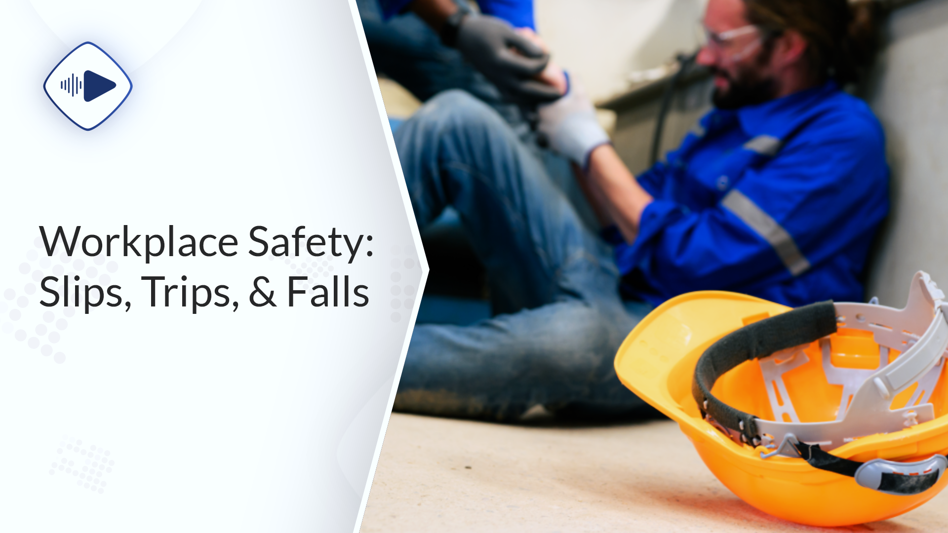 Construction helmet on floor and employee on the ground